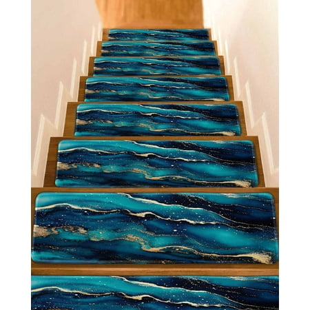 Blue Black Marble Stair Treads for Wooden Steps Indoor Runner Rug Carpet Modern Golden Abstract Aesthetic 7 Pieces Peel and Stick Staircase Step Treads Covers Washable Throw Door Mats 30 x8
