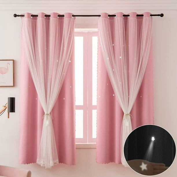 Cortinas rosas para dormitorio de niñas, 2 paneles, cortinas opacas recortadas de 63 pulgadas de largo, cortinas y cortinas para niños, doble capa, decoración de habitación de bebé, cortinas