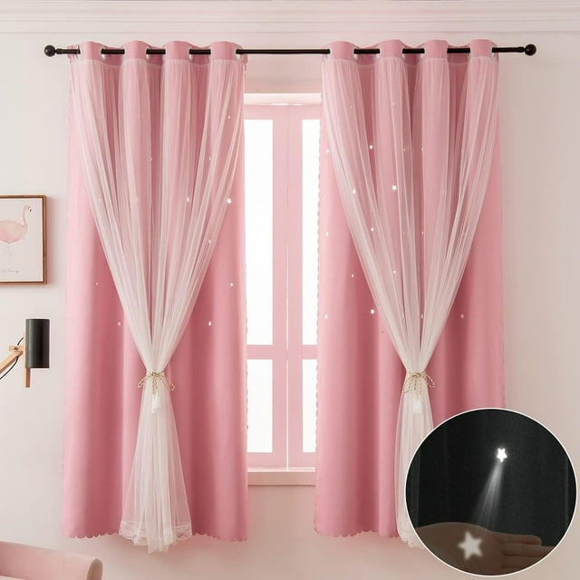 Cortinas rosas para dormitorio de niñas, 2 paneles, cortinas opacas recortadas, 63 pulgadas de largo, cortinas y cortinas para niños, decoración de habitación de bebé de doble capa, cortinas