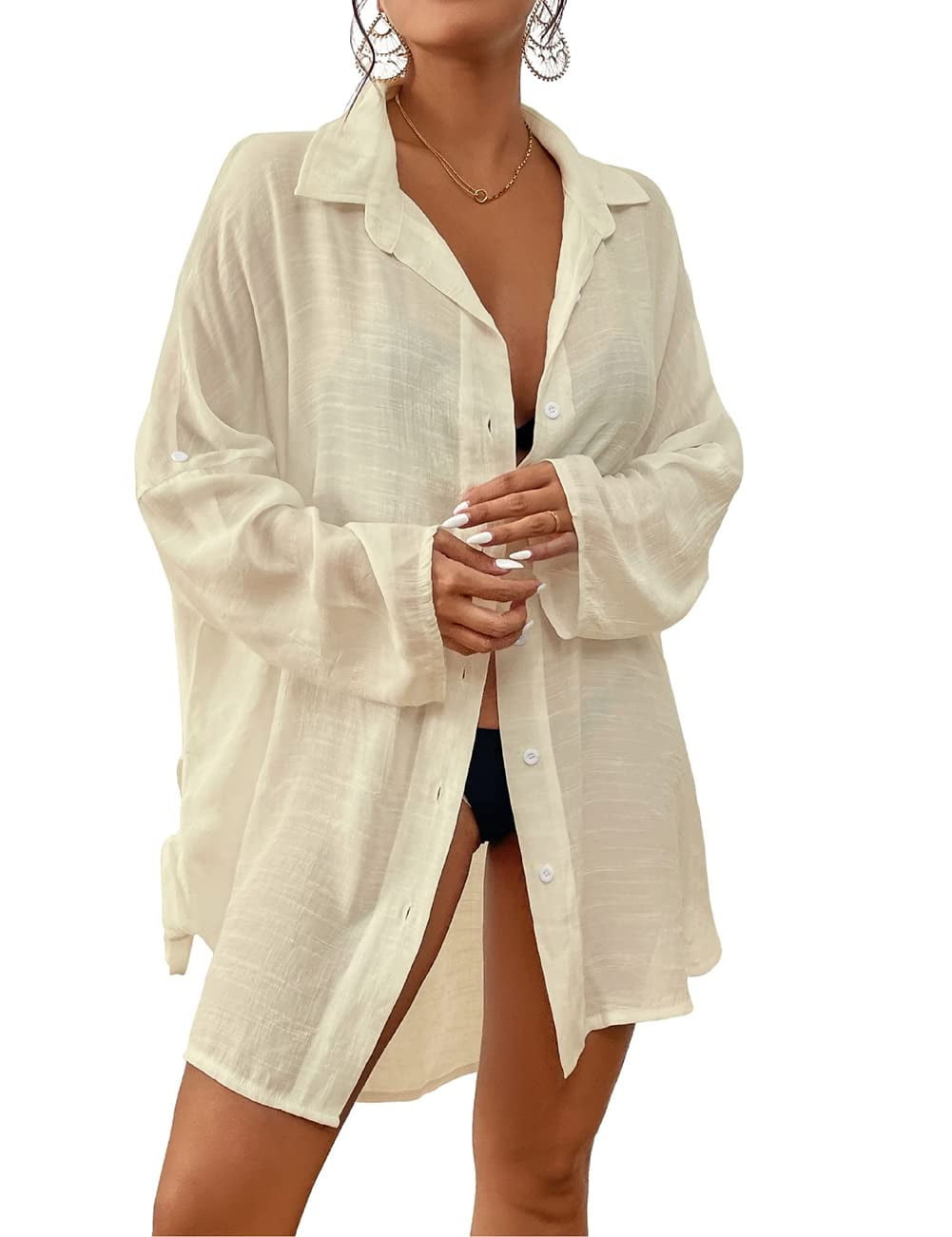 Button Down Cover-up Resort Bsubseach Vrouwen Badpak Coverup Blouse Button Down Shirt Jurken Zwitserse Dot Tops, J-light Roze, Eén Maat Badpak Cover
