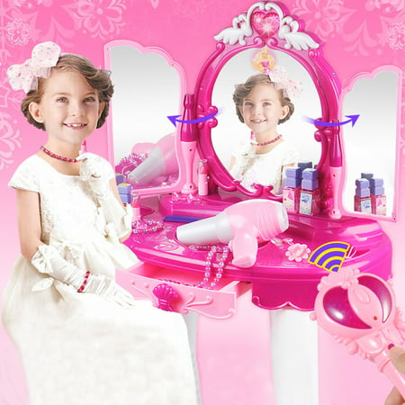 Knifun Girls Dressing Table, Kids Vanity Table and Chair Beauty Play Set Princess Make Up Vanity Table with Fashion and Makeup Accessories for Girls