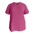 thumbnail image 4 of oqasdz Womens T Shirts Solid Color V Neck Button Detail Top Stylish Casual Blouse Short Sleeve Crewneck Soft Everyday Wear T-Shirts,Red2,XL, 4 of 4