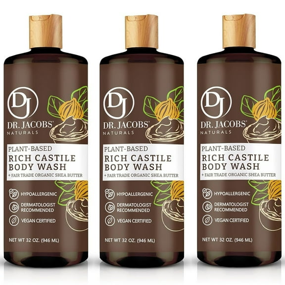 Dr Jacobs Naturals Castile Soap Body Wash Plant Based Liquid Soap, Shea Butter 32 Oz 3-Pack