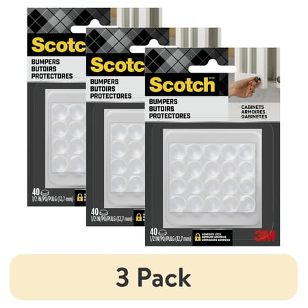 (3 pack) Scotch Adhesive Bumper Pads, Clear, Rubber Cabinet Door Stoppers, Self-Stick, 1/2 inch., 40 pack