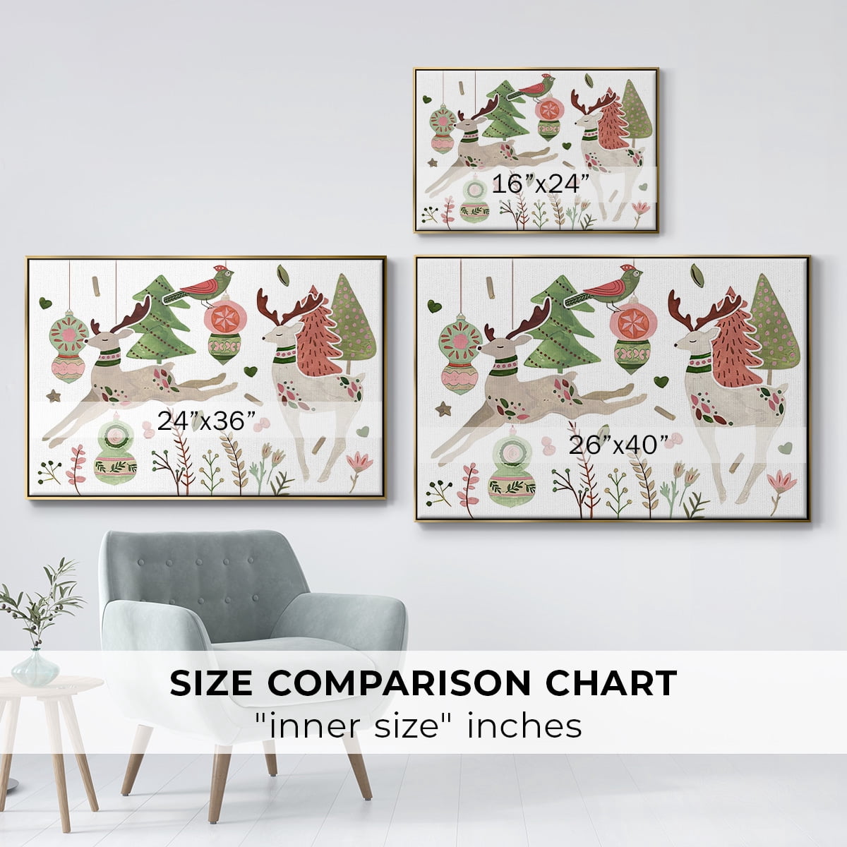 Reindeer Wishes Collection A - Framed Gallery Wrapped Holiday Canvas - 27 x 41 - Gold Frame