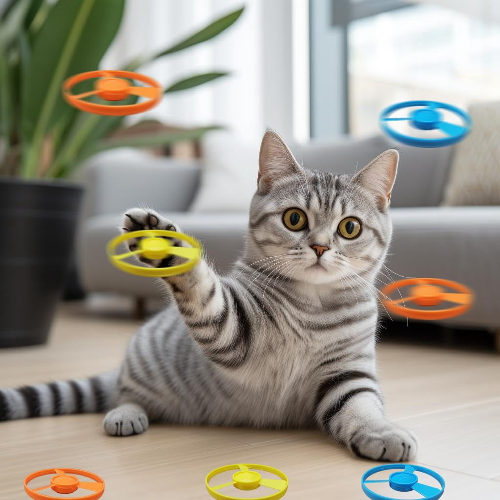 Cat Fetch Toy with Colorful Flying Propellers - Interactive Kitten Chasing Training Toy, Flying Disc Launcher Set for Indoor Outdoor Hunting Play, Pet Enrichment Activity