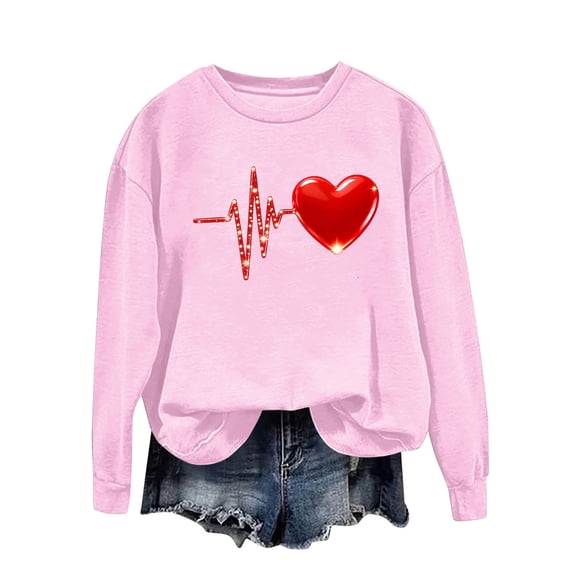 GuzomFashion Valentine's Day Womens Pink Sweatshirt, Glitter 3D Heart Heartbeat Print Relaxed Loose Fit Crew Neck Polyester Casual Sweatshirt,Size 2XL