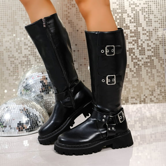 Heisall Women's Boots Winter Long Straight Knee High Boots Solid Color Round Toe Side Zipper Thick Sole Chunky Low Heel Fashion Casual