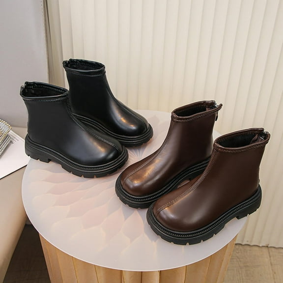 Miluxas Girls Chelsea Boots Pure Color Back Zipper Lug Sole Ankle Booties Toddler/Little Kid/Big Kid Brown 2.5(37)