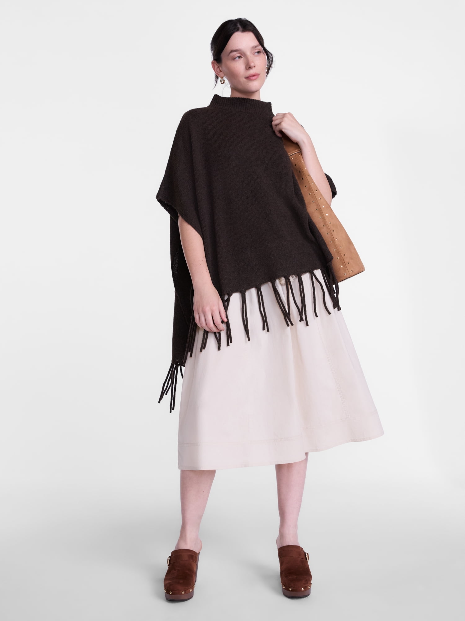 Scenario Women's Mock Neck Fringe Poncho, Sizes S-XL