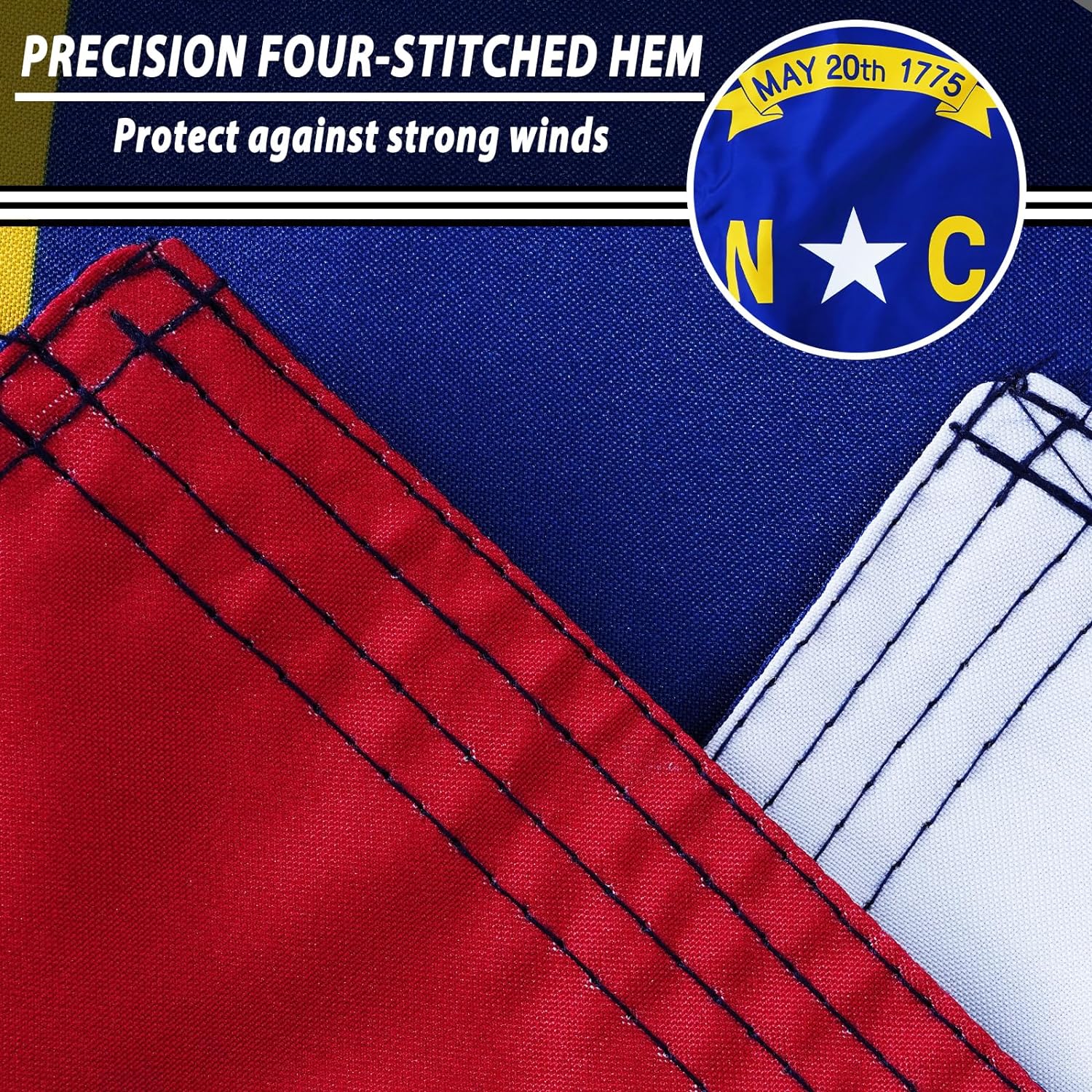 FLAGWIN North Carolina Flag 3x5 FT - Embroidered Polyester North Carolina State Flag with Brass Grommets - Vivid Color and Fade Proof State of NC Flag 3x5 Outdoor