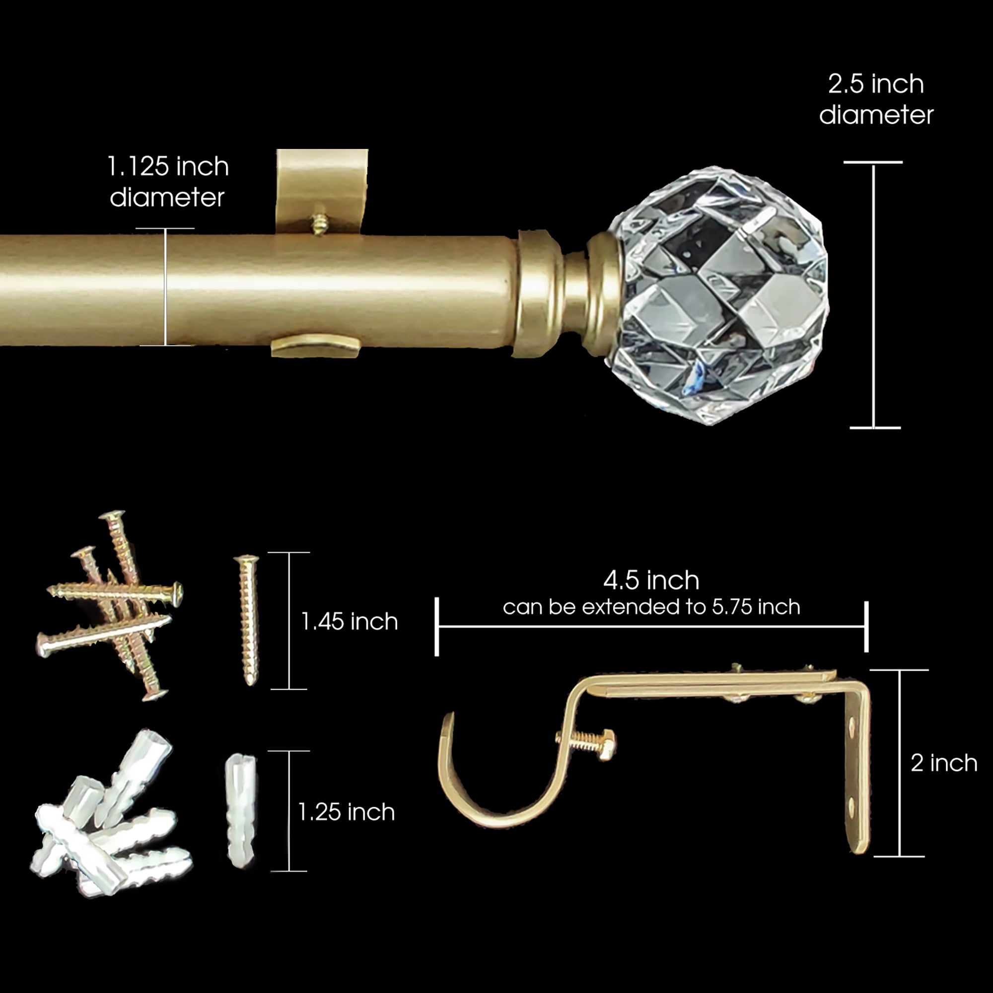SKYPLUS LIVING 1-1/8 in Single Window Curtain Rod with Crystal Finial Set,Adjustable72-144'' in,Gold