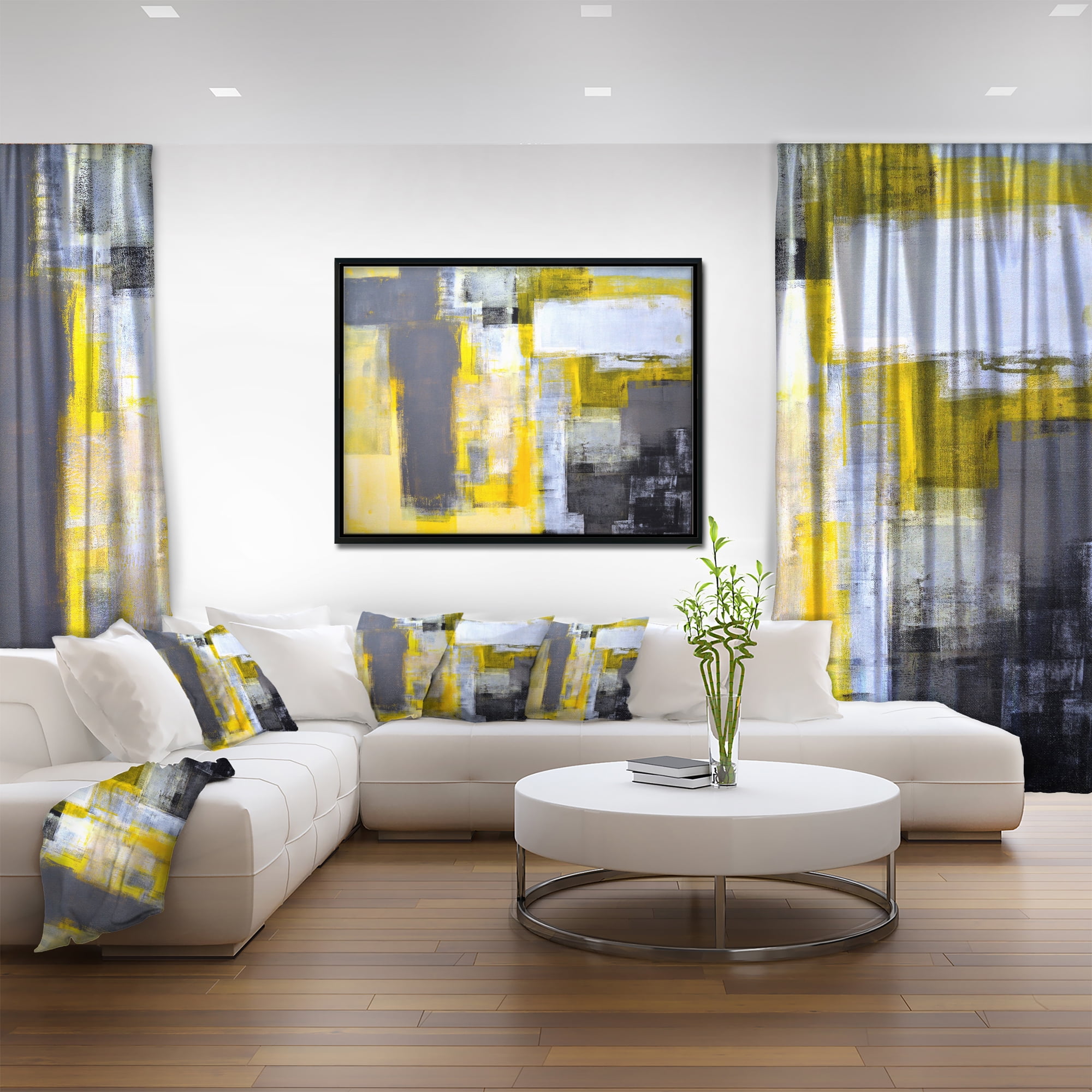 Designart ' Grey and Yellow Blur Abstract ' Abstract Framed Canvas Art Print