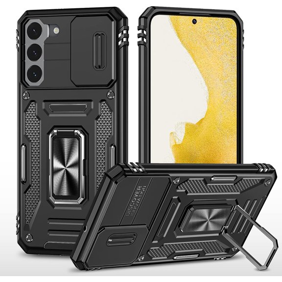 Case for Galaxy S22, Slide Lens Protective Case Shockproof Impact Resistant with Kickstand Cover Case for Samsung Galaxy S22 Black Black