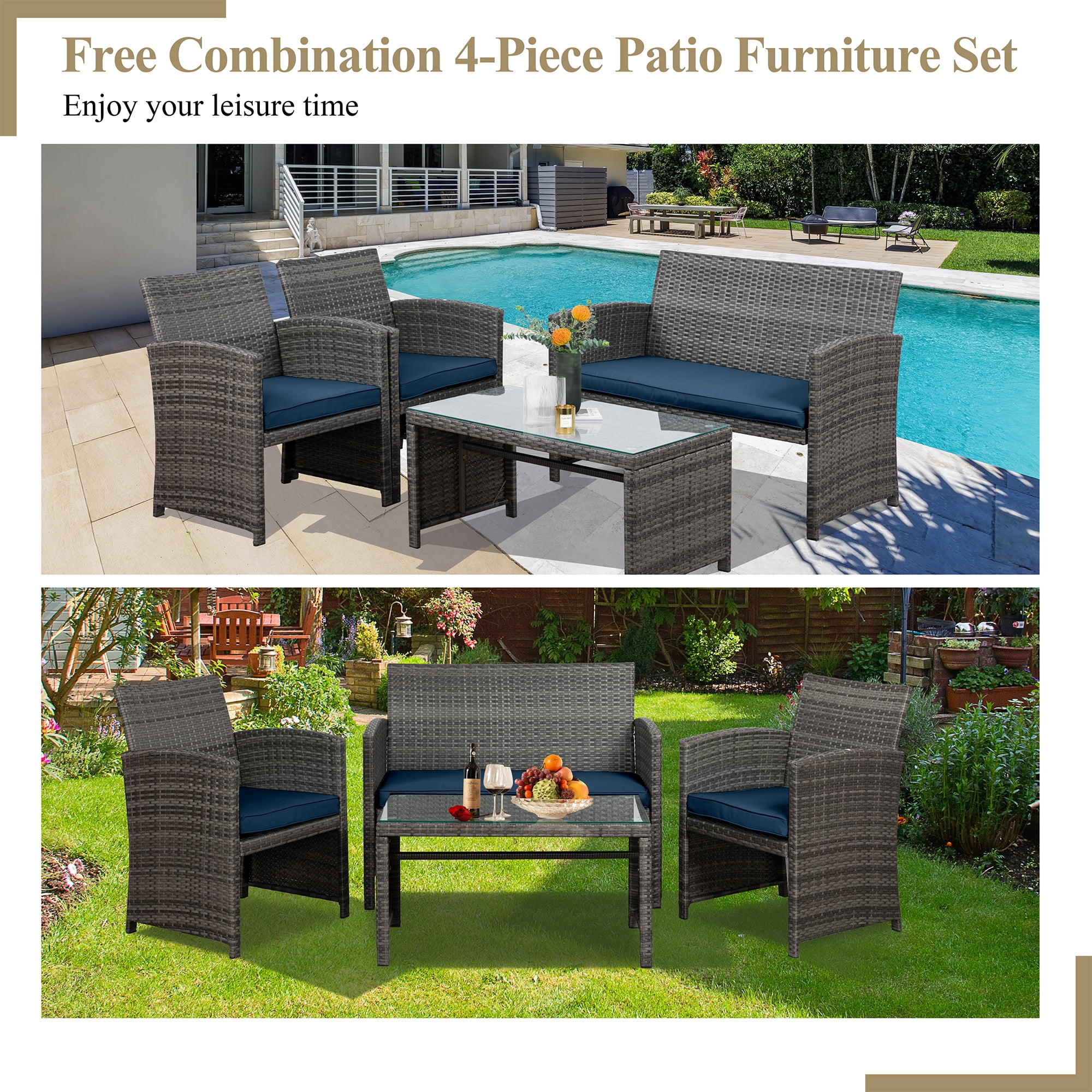 Walsunny Outdoor Patio Rattan Wicker Furniture Conversation Set 4 Piece with Cushions Tempered Glass Tabletop,Navy Blue