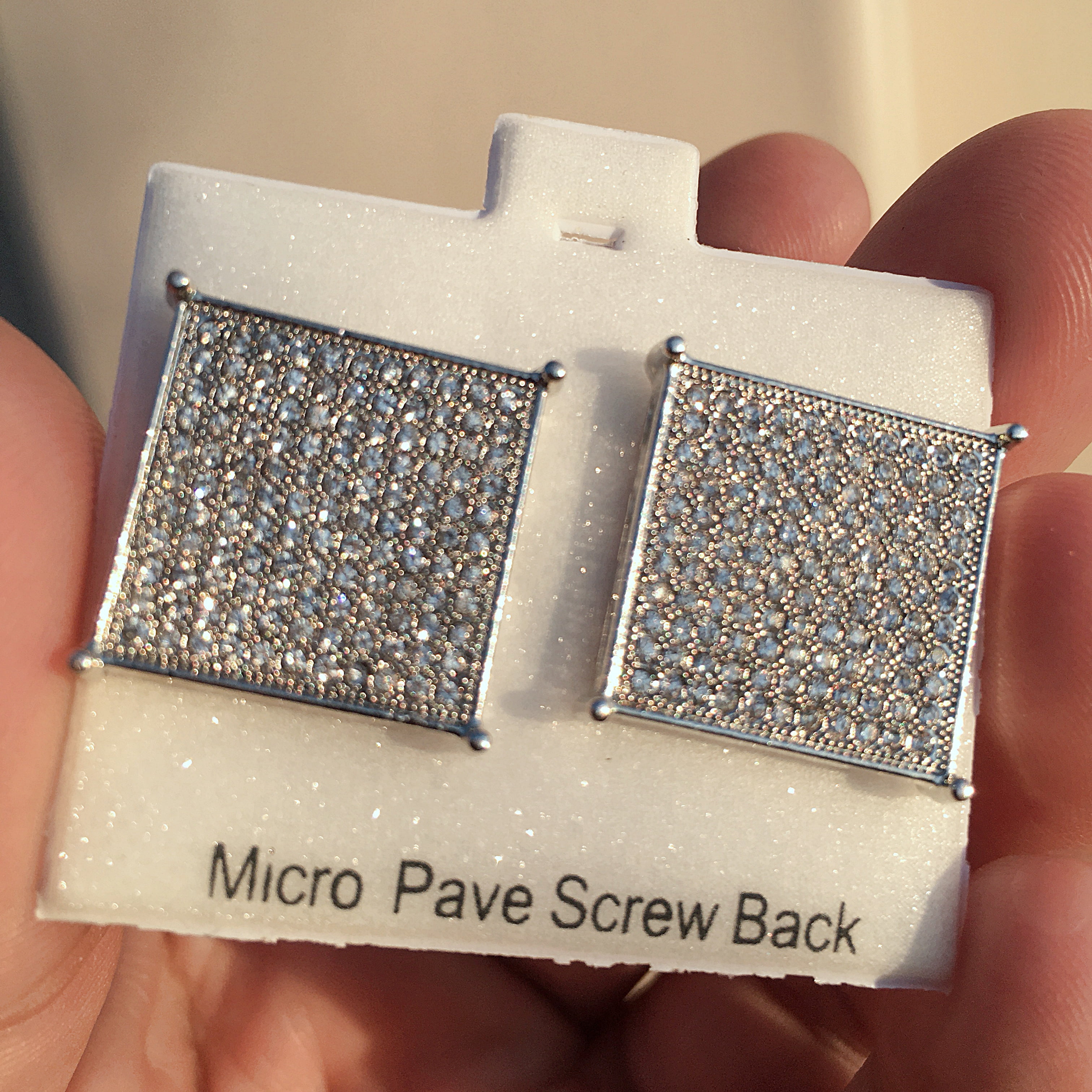 Big 20 mm Square Hip Hop Earrings Iced Silver Finish 4 Prong Screw 