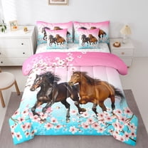 Homewish Galloping Horse 7-Piece Twin Bedding Sets For Teens Female Men,Western Farmhouse Animal Bedding Comforter Set,Cherry Blossom Breathable Sheet Sets,Gradient Room Decor,Reversible
