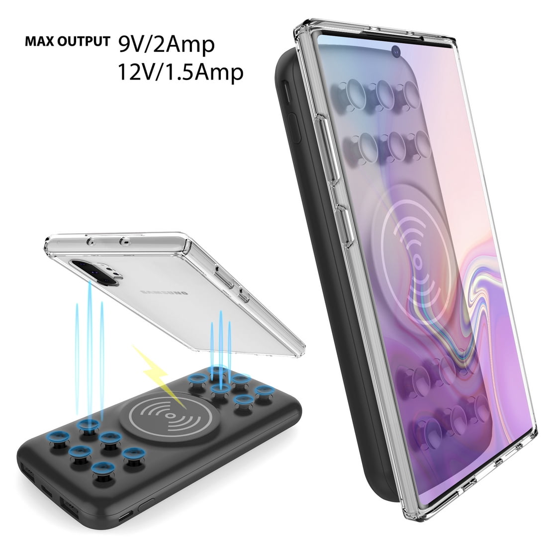 Wireless Charger [SUCTION CUP GRIPS] Portable Power Bank [12000mAh Battery] USB 2.0/Type-C/QC Fast Charge 3.0 with 18W PD Universal for Cell Phone, iPhone 11 Pro Max, XR, Xs, Galaxy Note 9, S10, etc
