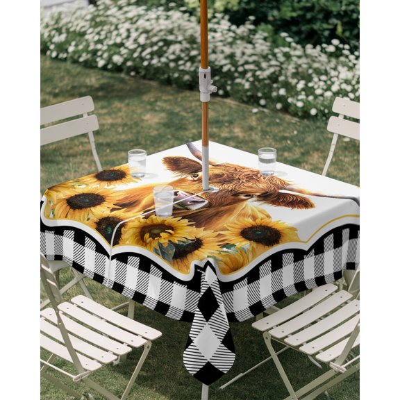 Outdoor Tablecloth with Umbrella Hole, Farm Watercolor Sunflowers Zippered Table Cloth for Rectangle Tables, Black White Buffalo Plaid Washable Waterproof Tablecloths for Picnic Patio Garden