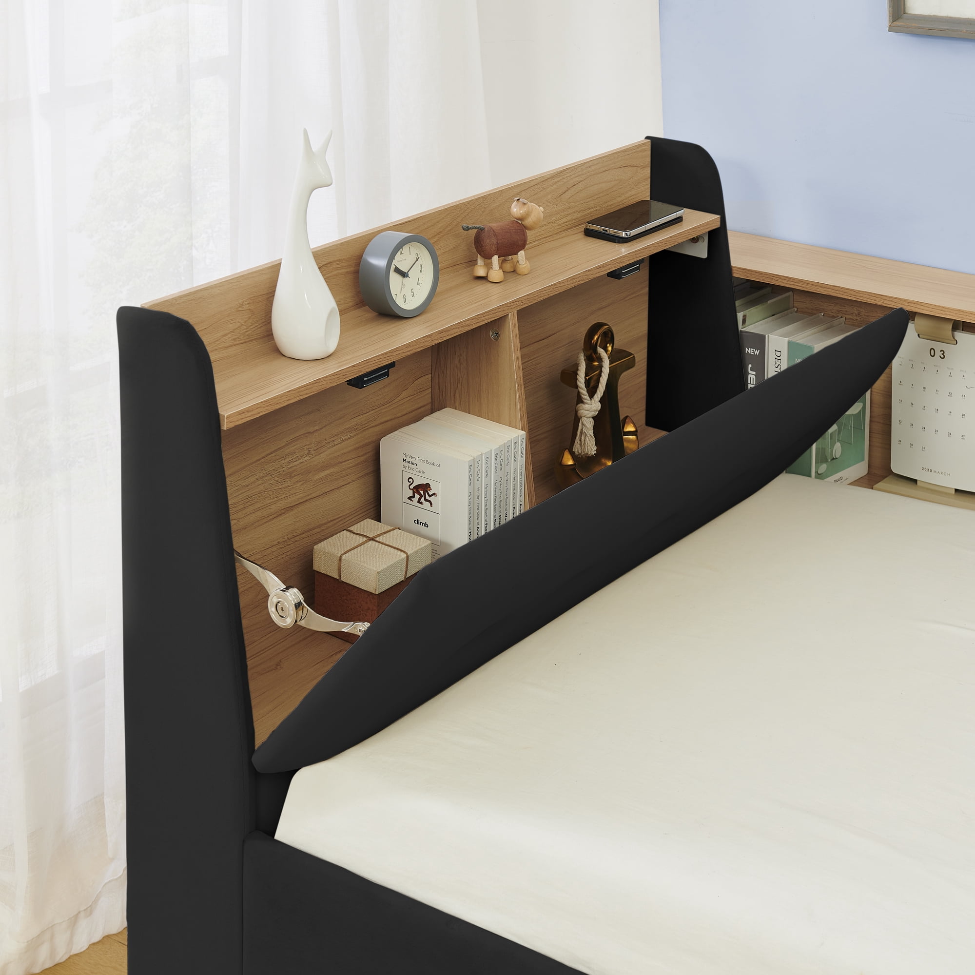 Leumius Corner Twin Size Bed Frame with Storage Headboard and Bookcase,Upholstered Daybed with Two Storage Drawers,LED Lights,Wireless Charging,Black