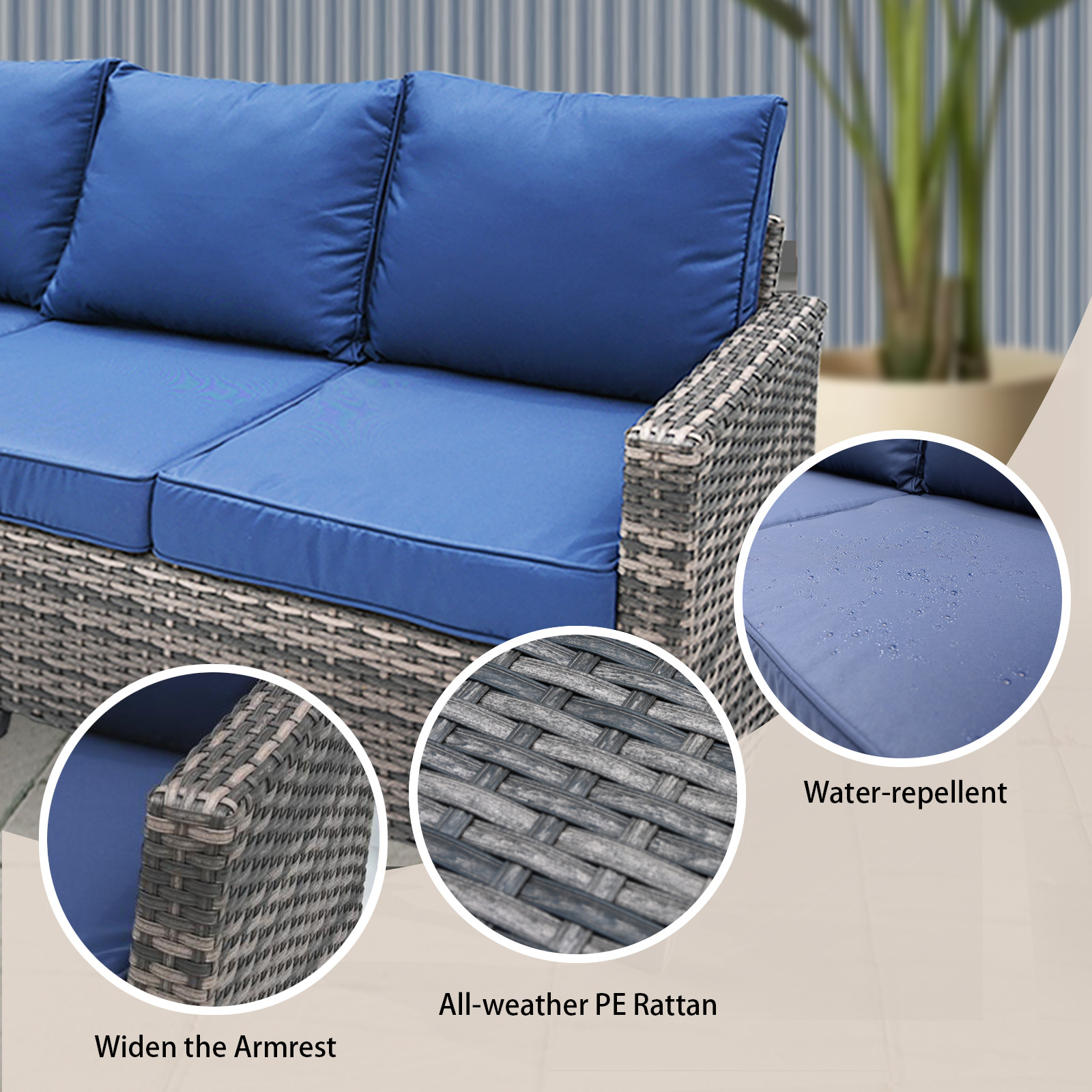 3-Seat All-Weather Outdoor Rattan Sofa with High Back, Premium Brown Wicker and Navy Blue Cushions for Garden