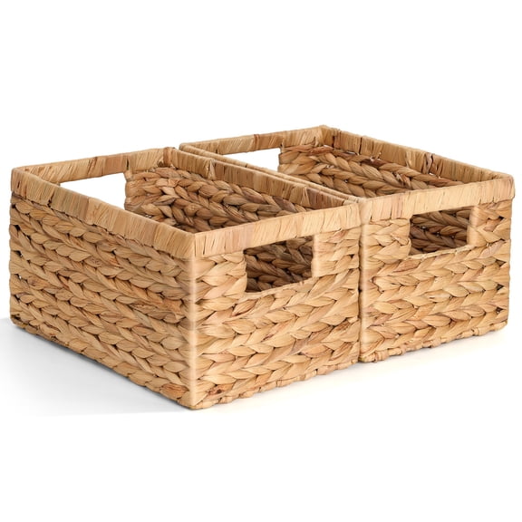 Storage Standard Water Hyacinth Basket w/ Handle, 2 Pack - 12.5” x 8” x 6.5” Natural Durable Wicker Shelf Storage Baskets for Organizing, Woven Basket Pantry Organizers for Home Décor