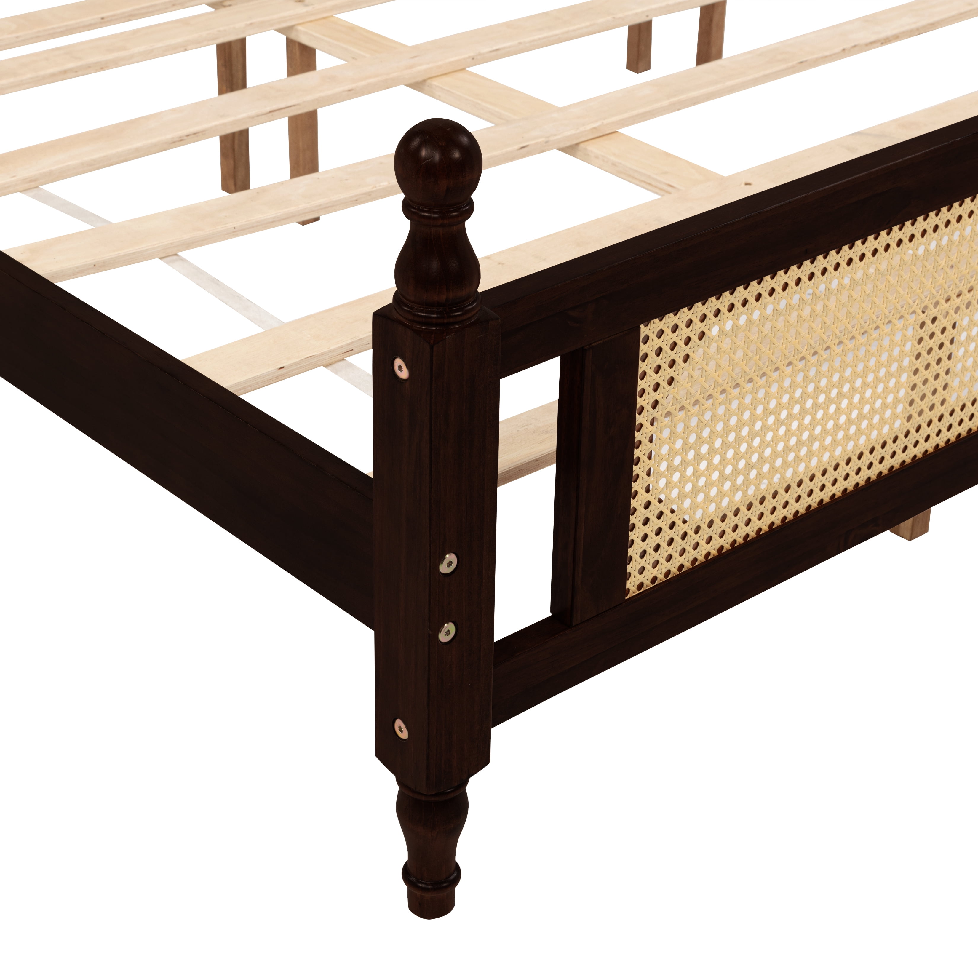 Miniyam King Size Rattan Bed with Spherical Bedposts for Adult, Espresso