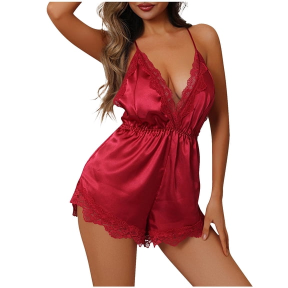 BUIGTTKLOP Womens Satin Lace Pajamas Cami 1 Piece Bodysuit V Neck Lace Trim Sleepwear Lingerie Sleep Loungewear