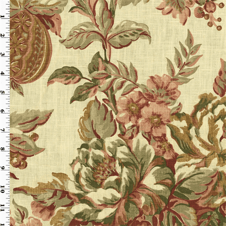 Red Green Printed Floral Vintage Linen Home Decorating Fabric
