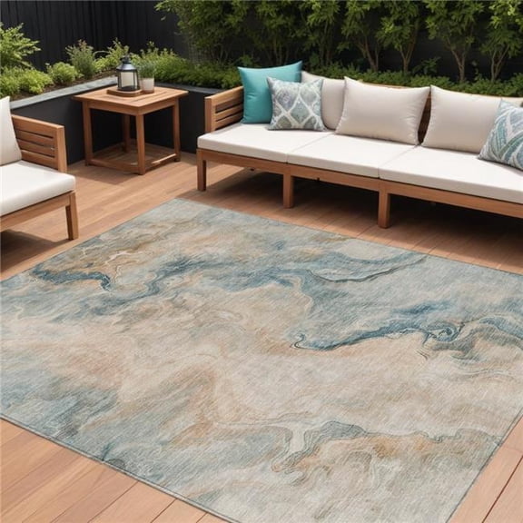 HomeRoots 617587 8 x 10 ft. Teal Blue Coral & Ivory Abstract Washable Indoor & Outdoor Rectangle Area Rug