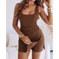 thumbnail image 3 of CHICME Dresses for Women Square Neck Sleeveless Twisted Backless Zipper Slim Fit Mini Bodycon Dress with Shorts Brown-M, 3 of 9