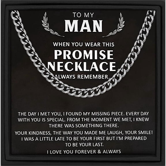 MASALADI To My Man Promise Necklace for Boyfriend Husband, Mens Stainless Steel Cuban Link Chain, Romantic Anniversary Birthday Jewelry Gift Box with Message Card