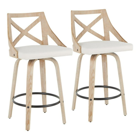 Charlotte 26" Farmhouse Fixed Height Counter Stool With Swivel In White Washed Wood And Cream Fabric - Set Of 2