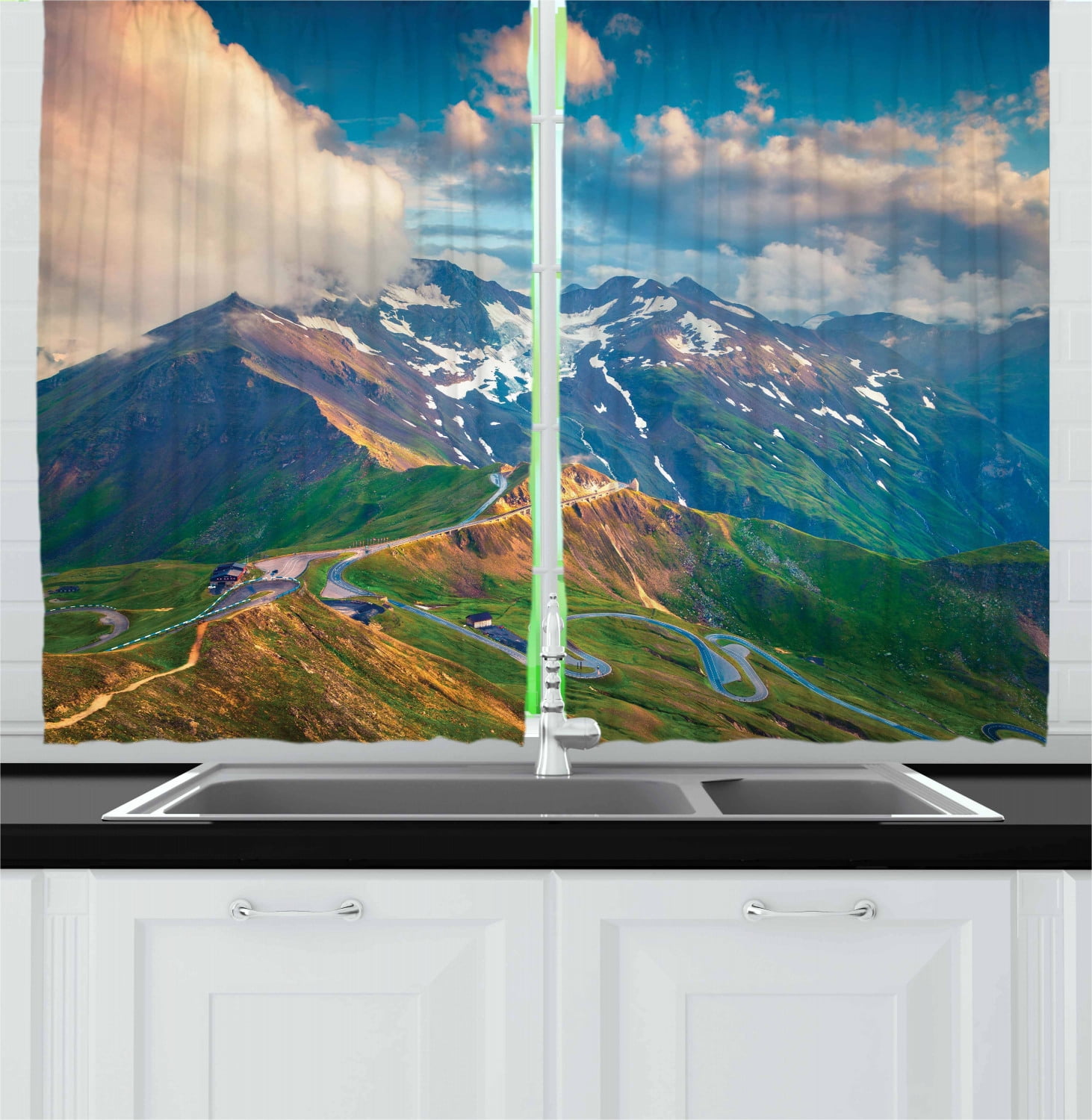 Mountain Curtains 2 Panels Set, Grossglockner High Alpine Road in Austria European Landscape
