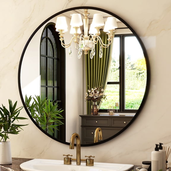 Mirstory 20.2" Modern Wall Mirror Bathroom Mirror Wall Mounted Round Mirror with Aluminum Alloy Frame, Black