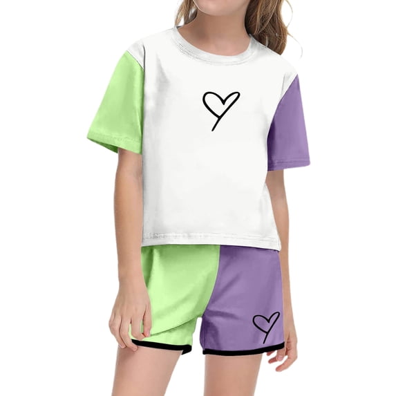 ibiyuan Summer Sets For Girls Girls Summer Casual Outfit Set Cute Printed Short Sleeve Top with Matching Shorts Lightweight Comfortable Round Neck Pocket Design for Teens Juniors,9-10 Years,Green