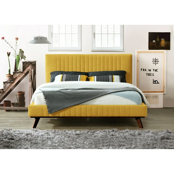 Omax Decor Sven Wood and Fabric Upholstered Queen Platform Bed in Mustard Yellow