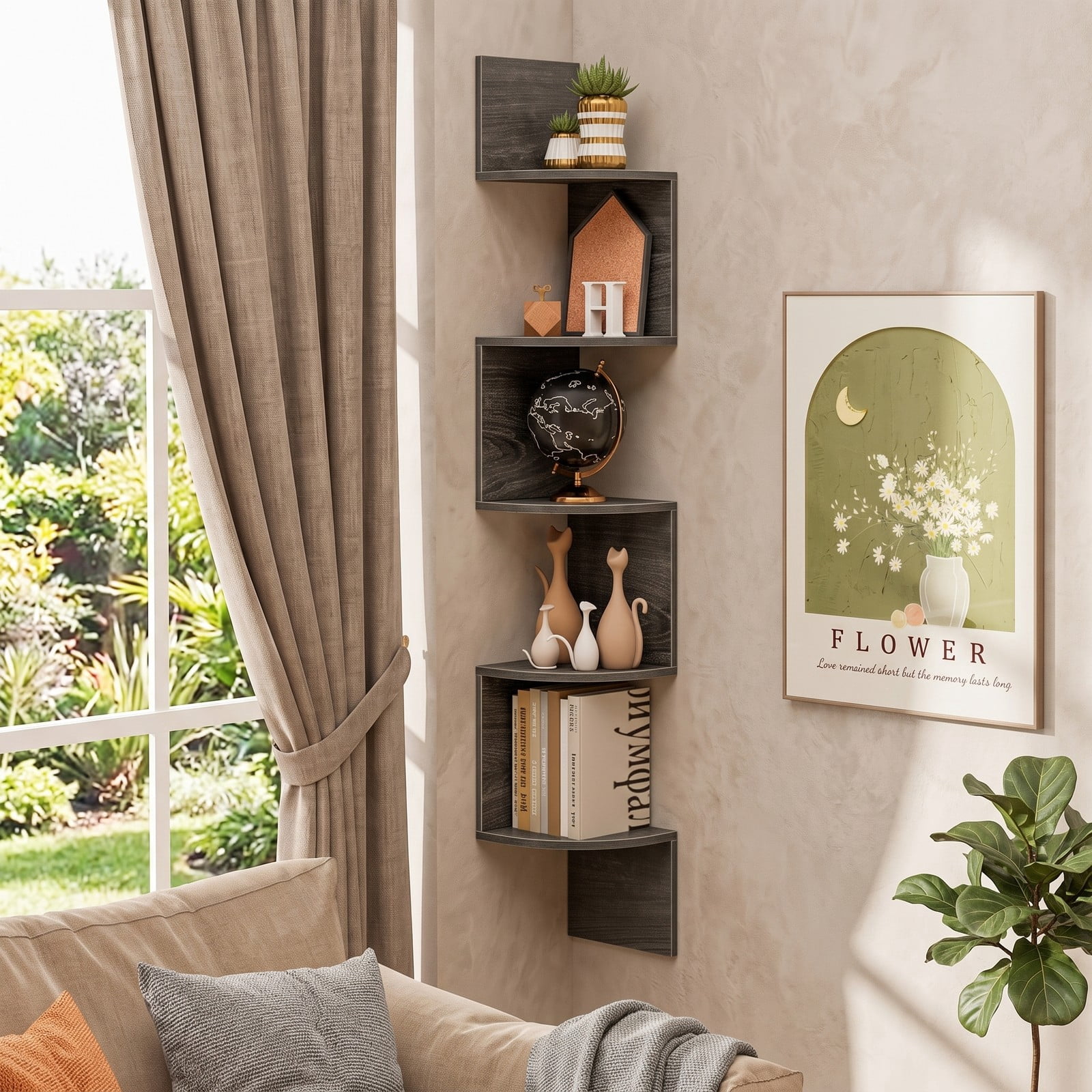 Furnibear 5-Tier Corner Shelf Floating Bookshelf, Wall Mounted Storage Organizer Display Rack for Books Plants Photos, Space-Saving Engineered Wood Corner, Oak
