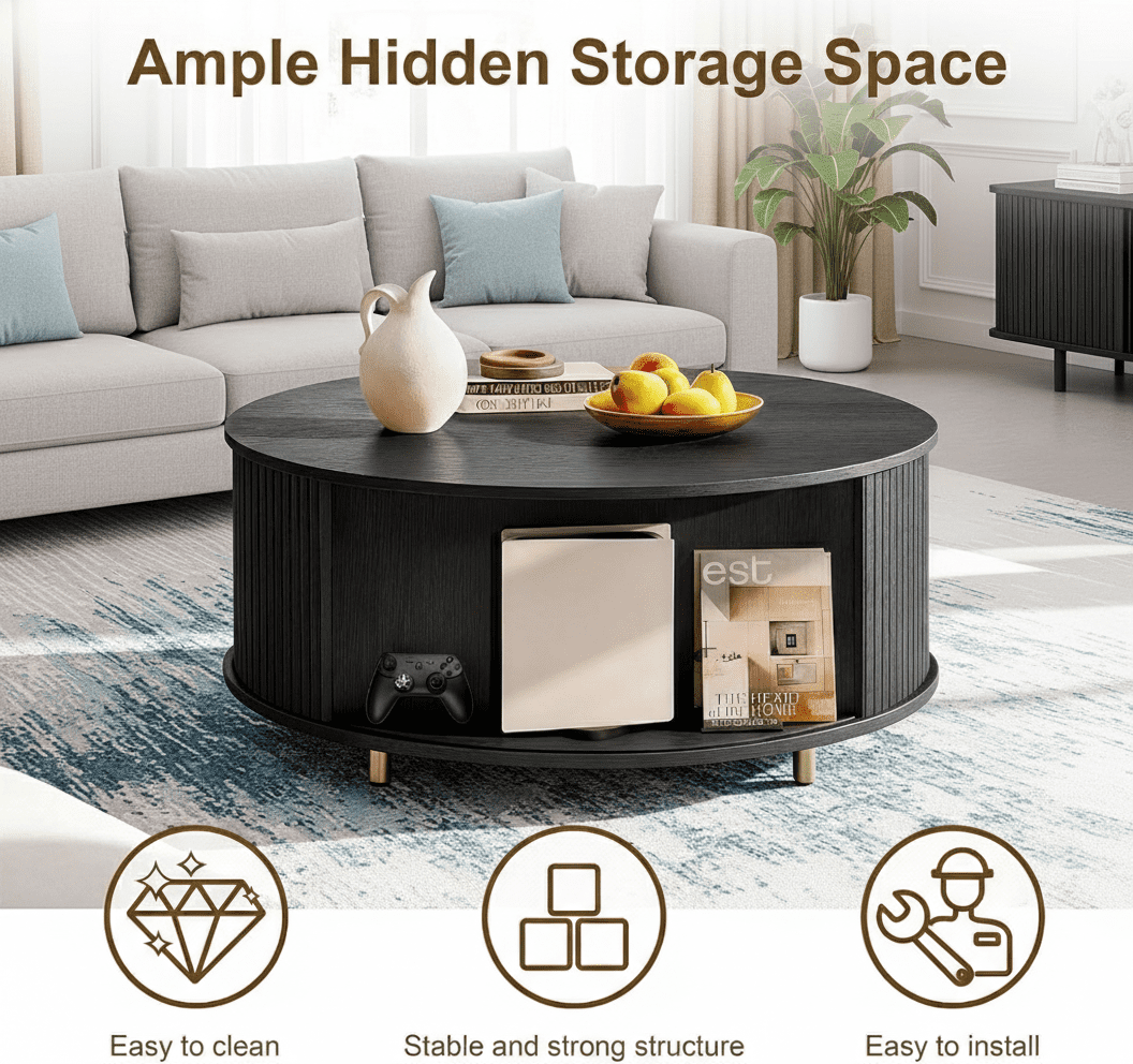 AISWORD Round Coffee Table with 360° Sliding Door, Fluted Accent Coffee Table with Storage Adjustable Footpads for Living Room, Black