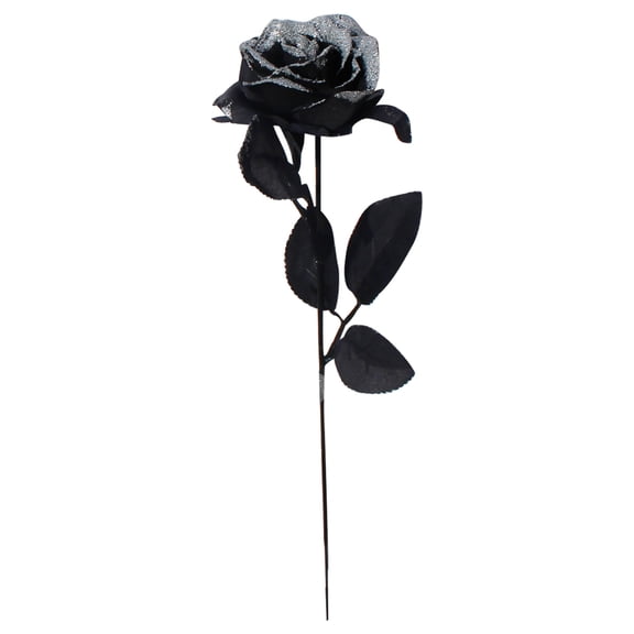 1 Pc Halloween Black Rose, 15.3" Gothic Artificial Flower Stem with Silver Glitter, Shed-Free Dust-Resistant Faux Floral for Spooky Vase Filler