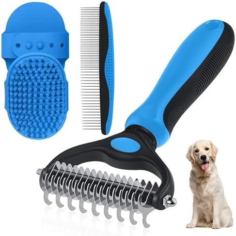 Double-Sided Pet Rake - 4-in-1 Professional Pet Kit, Deshedding Dematting Tool for Dogs, Cats, Extra-Wide Brush & Deshedder Comb for Long and Short Haired Pets (4PCS Blue)