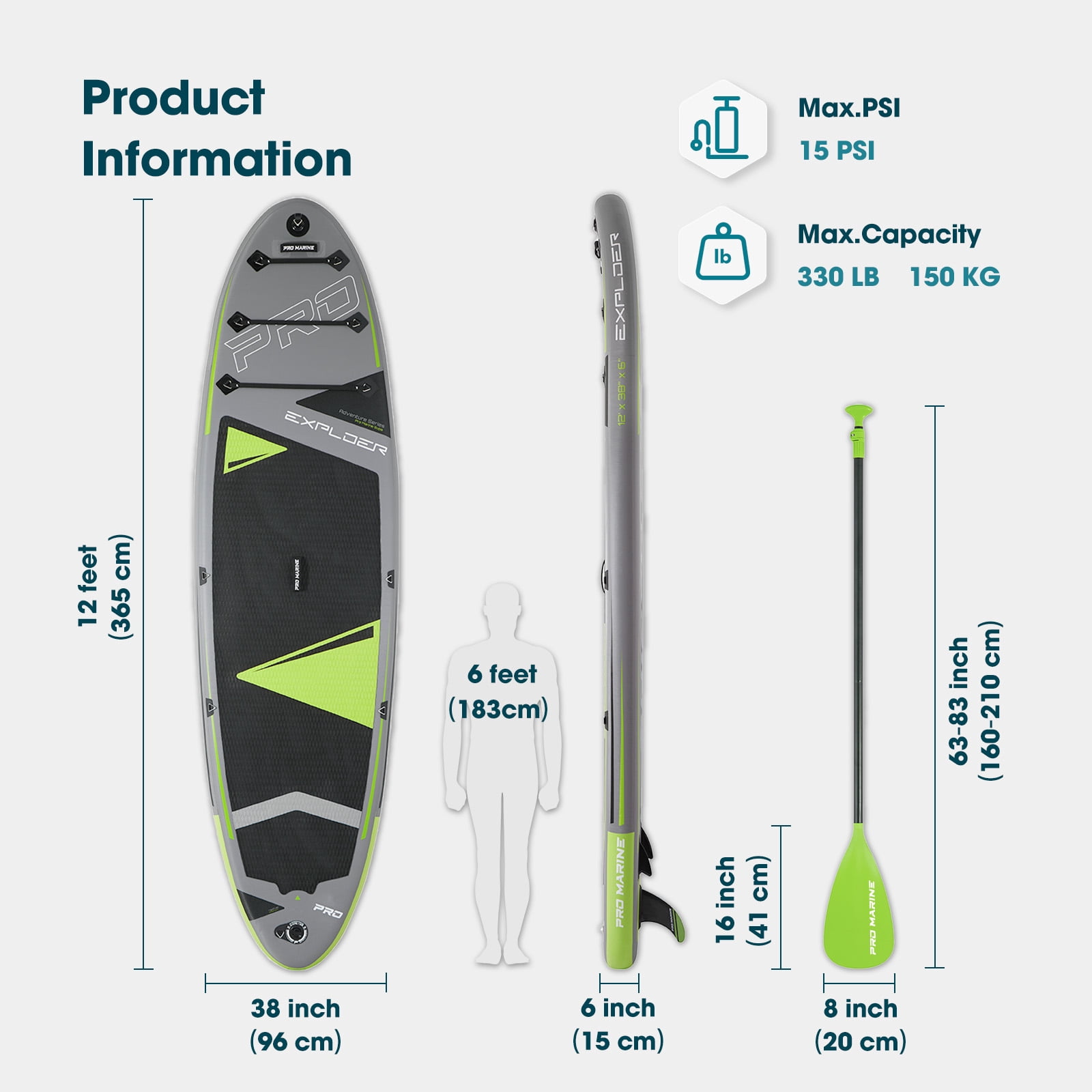 PRO MARINE 12' Inflatable Stand up Paddle Boards Adjustable Paddle SUP Carry Bag & Fast Pumping Green