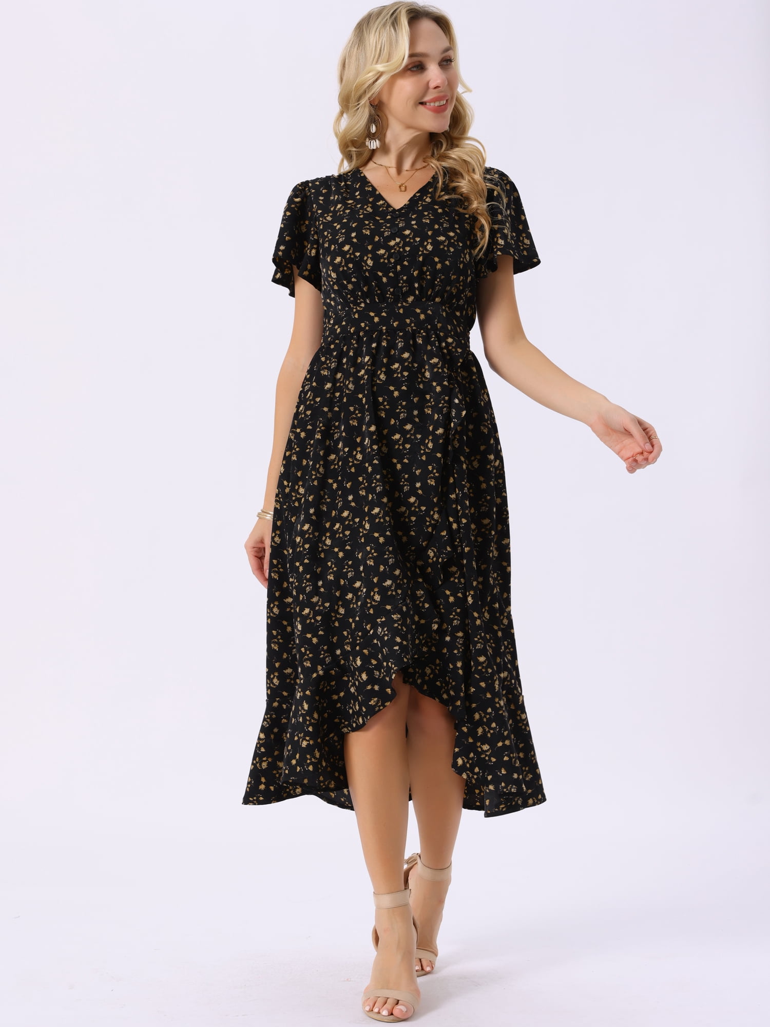 DARING DIVA Floral Midi Flutter Sleeves V Neck Design Dress S Black