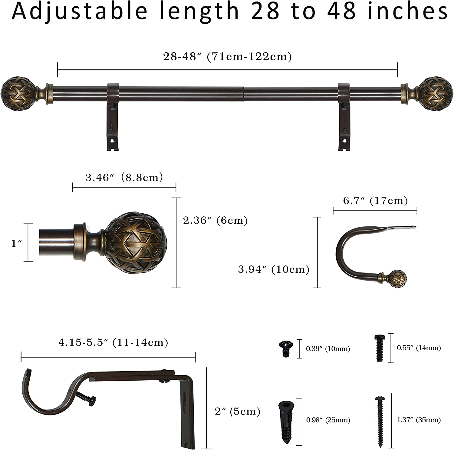eTeckram 1" Curtain Rod with Geo Ball Finials - 28" to 48", Bronze Gold