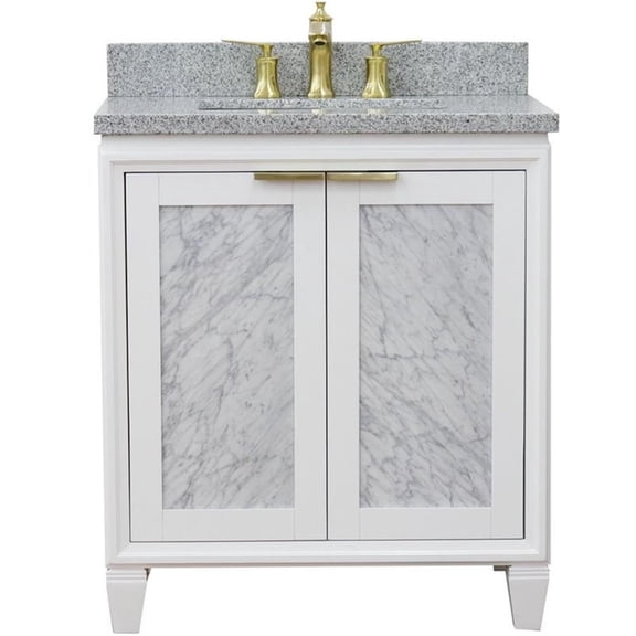 Trento Single Rectangle Sink Solid Wood Vanity in White/Gray Granite Stone