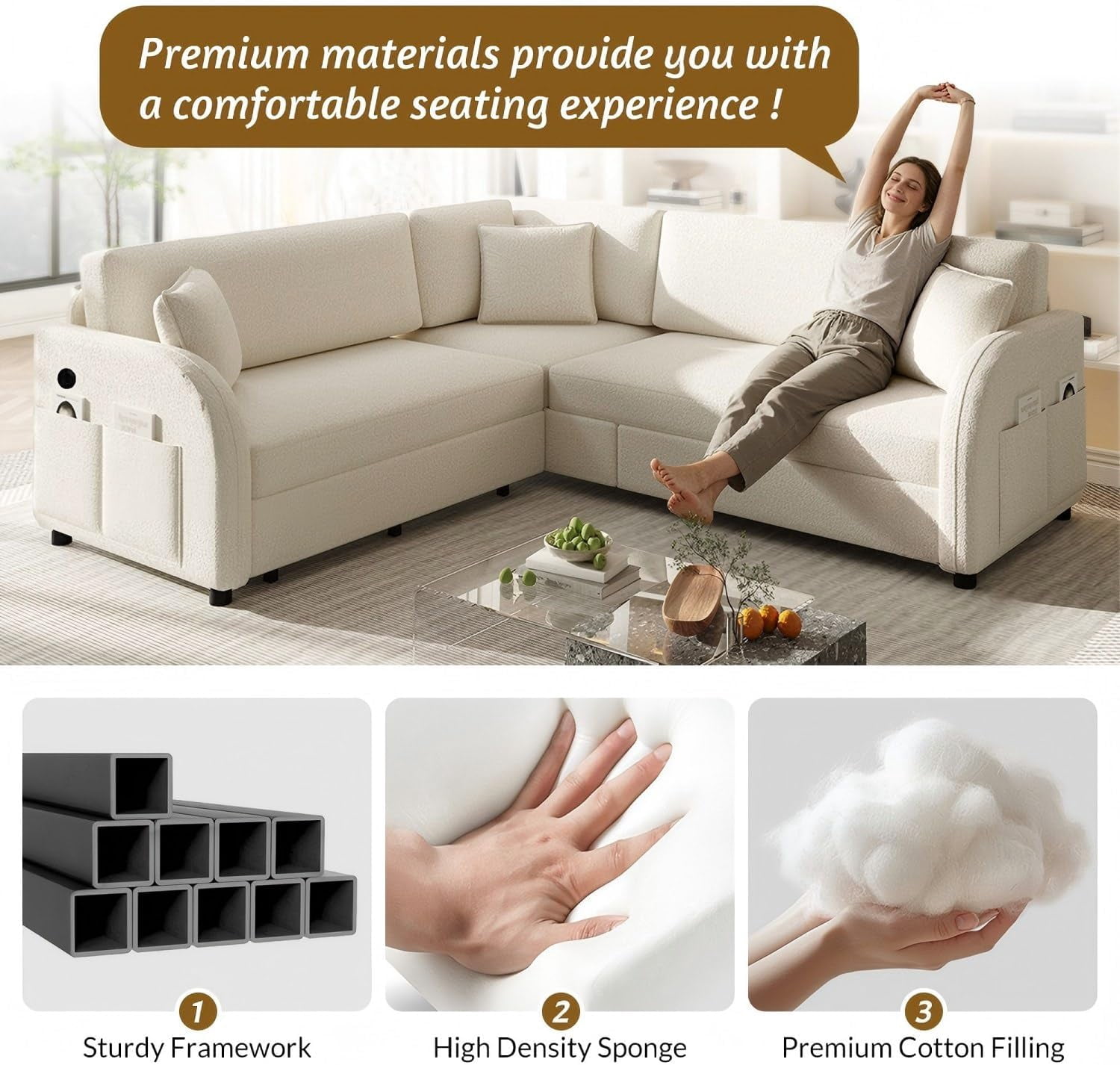 Howcool 85.1" L-Shaped Sectional Sleeper Sofa, 5-Seat Pull Out Couch Bed with USB Ports & Side Pockets, Teddy Fabric Convertible Sofa for Living Room, Beige White