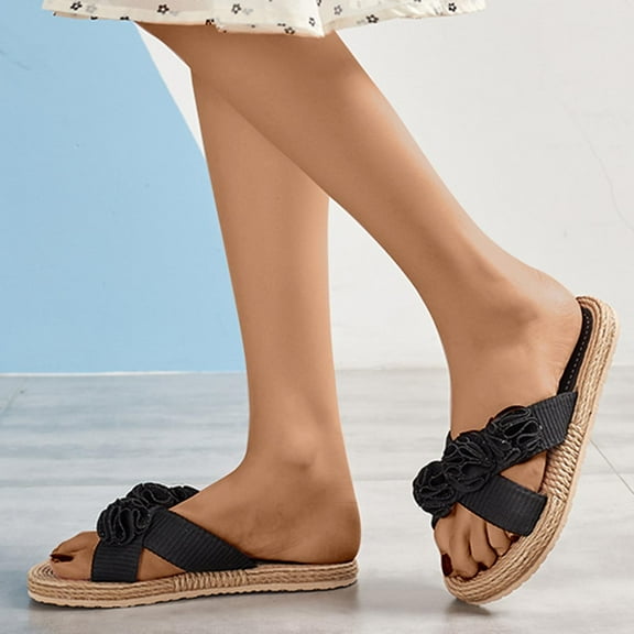 Cethrio Womens Summer Comfort Flats Sandals- Slides Sandal Flower Wide Width 2025 Black Dressy Sandals/ Slides Size 8.5