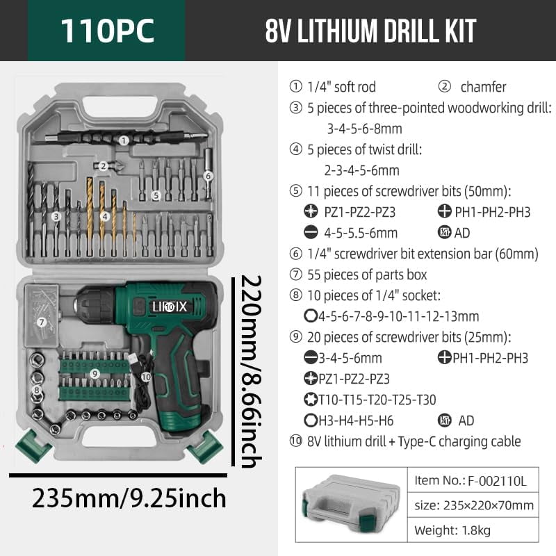110-Piece Green 8V Electric Screwdriver Tool Set with Portable  for  Home Repair