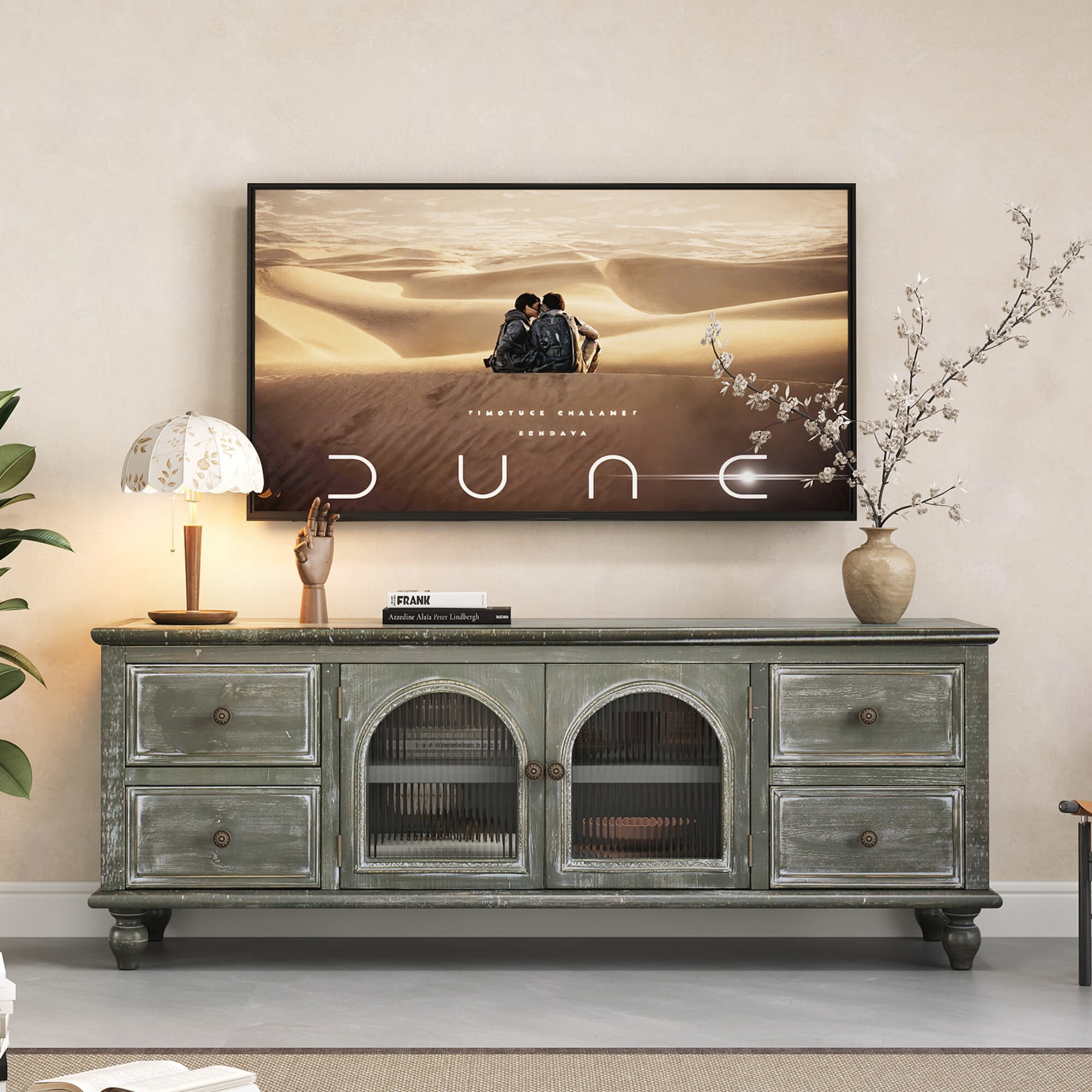 DEALTOPS 60 Inch Farmhouse TV Stand with 4 Drawers & 2 Glass Doors, Rustic Media Console – Weathered Oak
