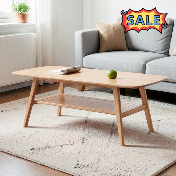 Tcbosik Solid Wood Coffee Table, 47.2" Cocktail Table with Open Shelf, 2-Tier Modern Center Table for Living Room, Oak